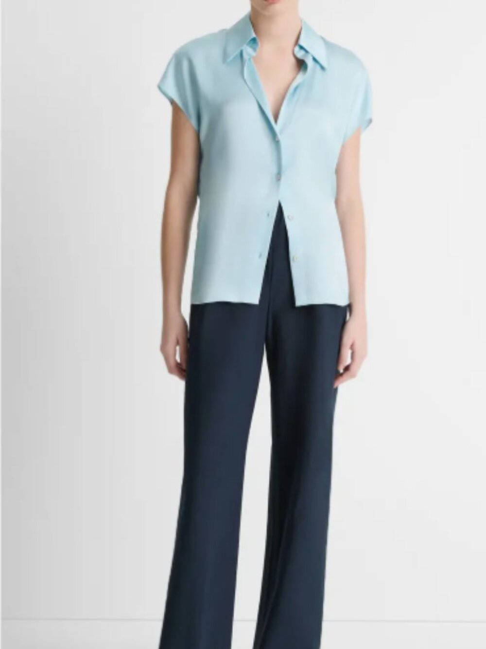 NWT Vince Satin Silk Cap-Sleeve Ruched-Back Blouse Shirt